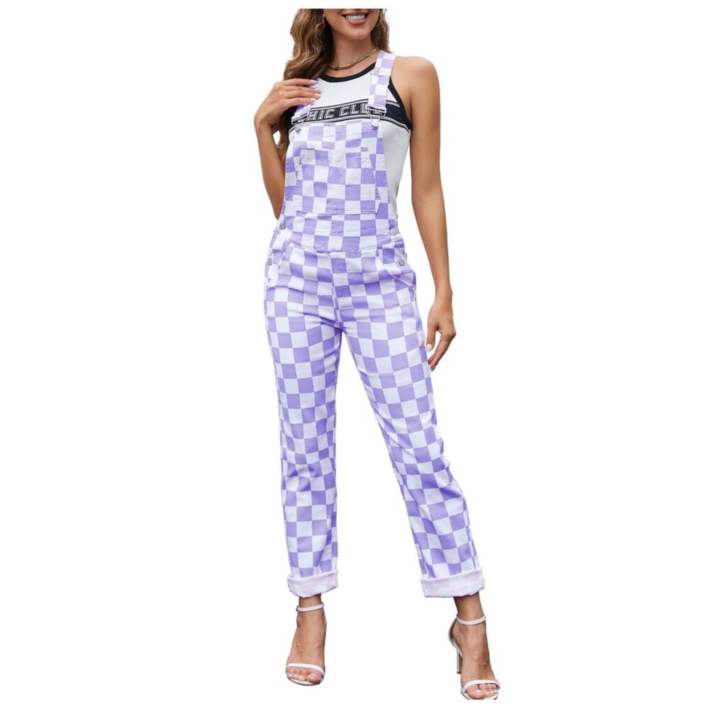 Valkyries Violet Purple Women’s Checkered Straight Leg Bib Denim Overalls Large